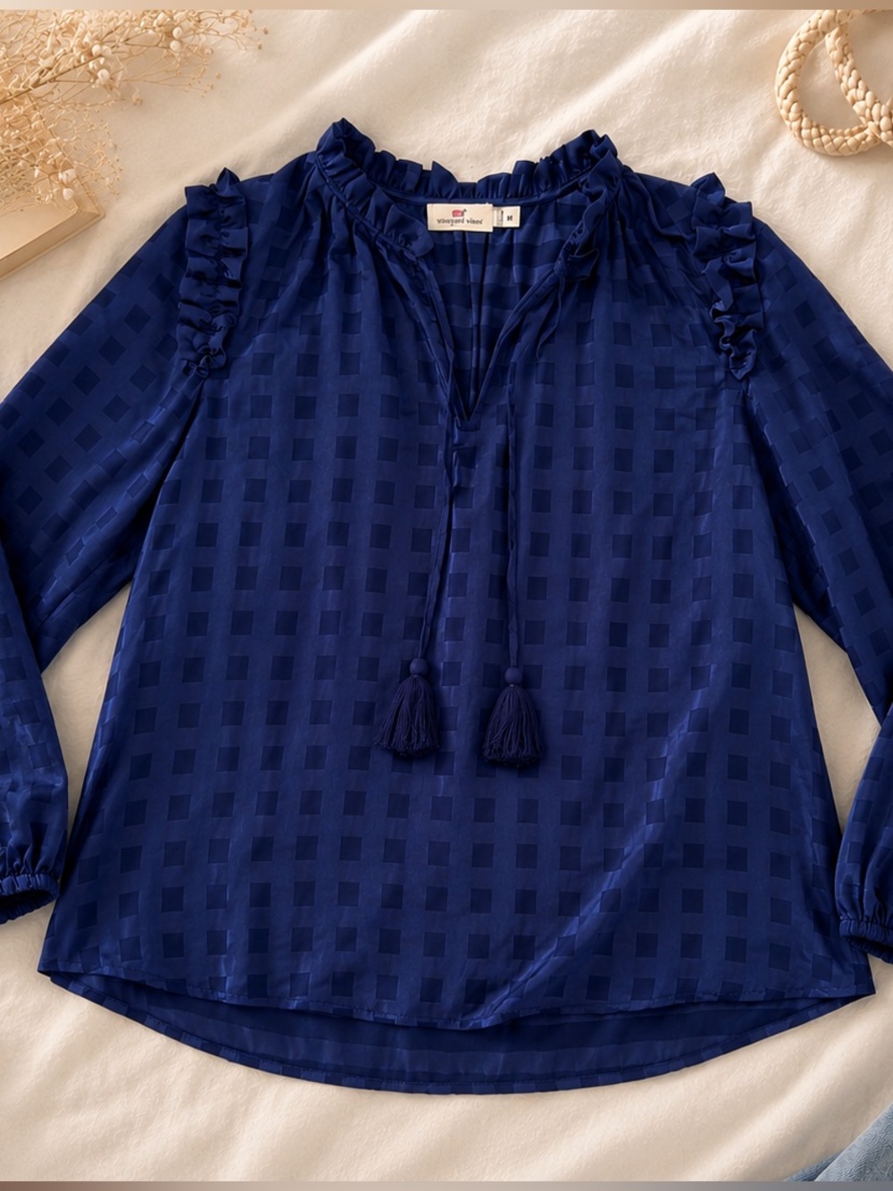 Vineyard Vines Navy Blue Boho Tassel Blouse | Women’s Medium